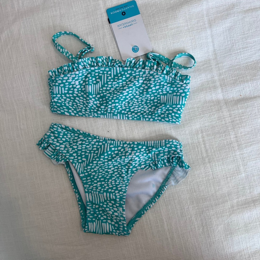 NWT Snapper Rock Ruffle‎ Swimsuit UPF 50+ Swimwear Set Turquoise White Size 2
